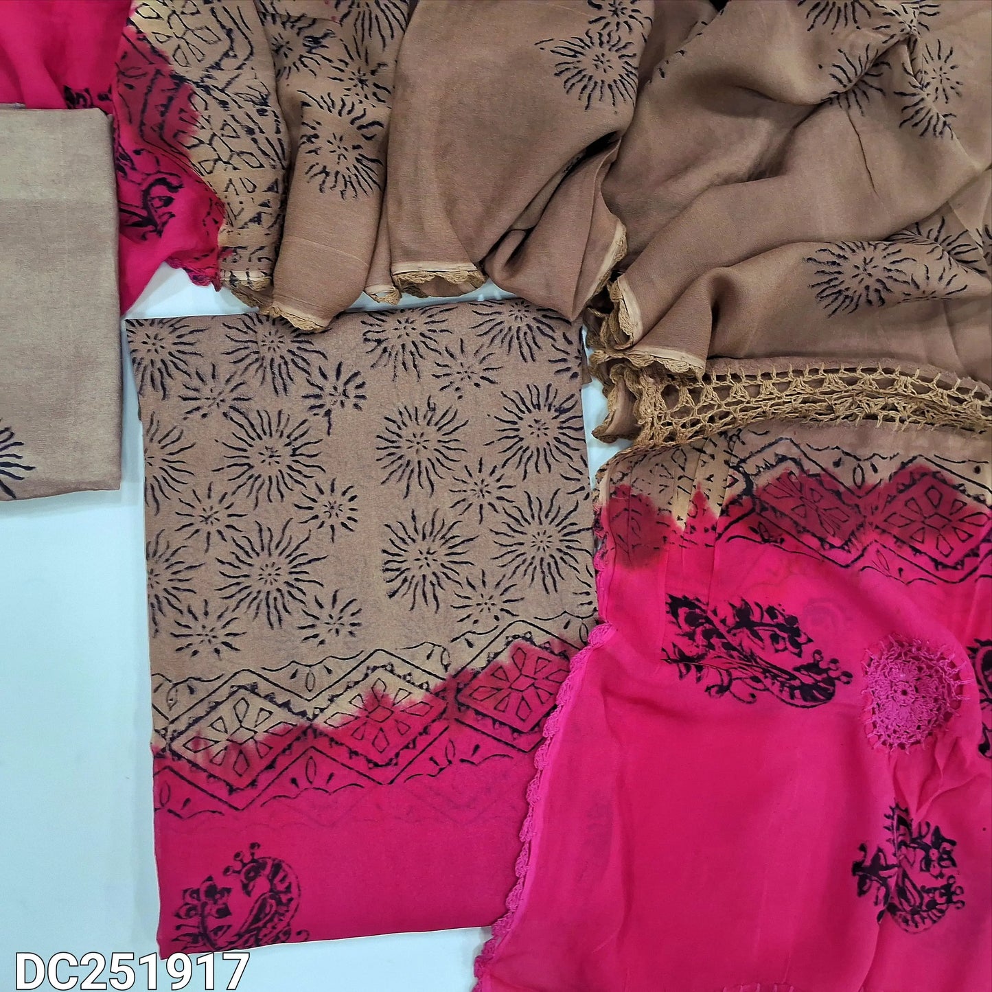 Brown & dark Pink crepe georgette unstitched salwar material (lining needed) hand block printed allover, santoon bottom, crochet work on dual shade chiffon dupatta (TAPING NEEDED). DC251917 (over lapping of prints not consider as a defect