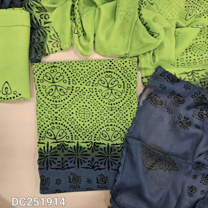 Green & dark grey crepe georgette unstitched salwar material (lining needed) hand block printed allover, santoon bottom, crochet work on dual shade chiffon dupatta (TAPING NEEDED). DC251914 (over lapping of prints not consider as a defect