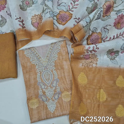 Light sand Brown Premium silk cotton unstitched salwar material (lining needed) zari. seqiuns work on v neck digital print on daman, matching santoon bottom, Benaras weaving digital floral printed silk cotton dupatta. DC252026