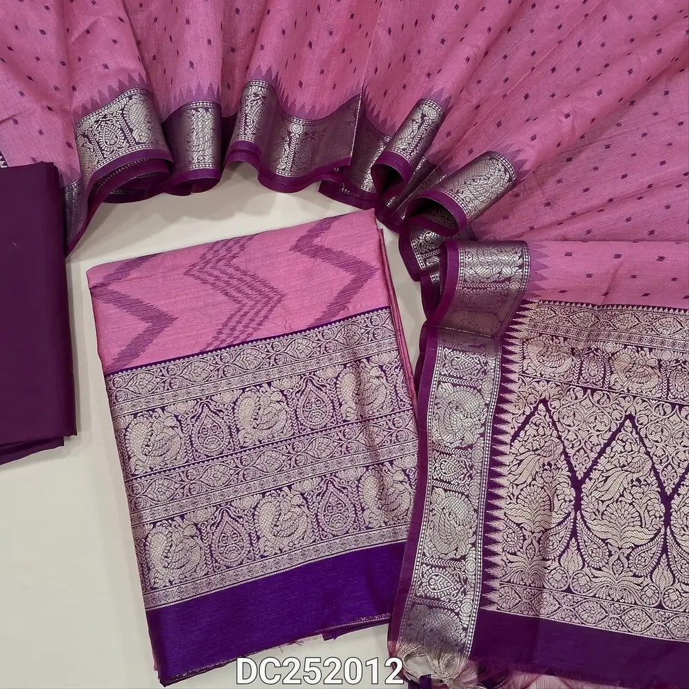 PREORDER 1 WEEK: Designer Pink premium silk cotton unstitched salwar material (lining needed) ikat woven on allover,zari daman, beetroot purple silk cotton bottom, premium silk cotton full length dupatta with zari border and pallu. DC252012