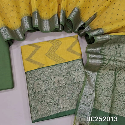 PREORDER 1 WEEK Designer Mehandhi Yellow premium silk cotton unstitched salwar material (lining needed) ikat woven on allover, zari daman, olive green silk cotton bottom, premium silk cotton  full length dupatta with zari border and pallu. DC252015