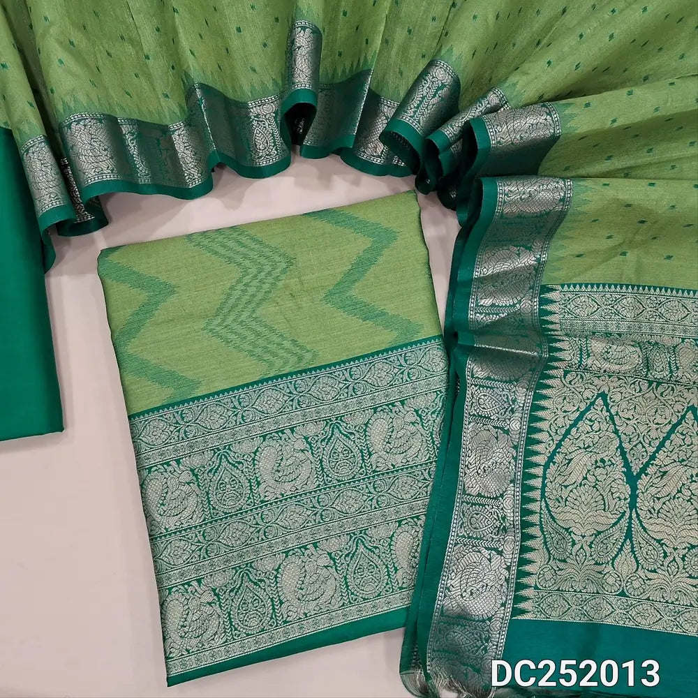 PREORDER 1 WEEK: Designer light Green premium silk cotton unstitched salwar material (lining needed)ikat woven on allover,  turquoise green silk cotton bottom, premium silk cotton full length dupatta with zari border and pallu. DC252013
