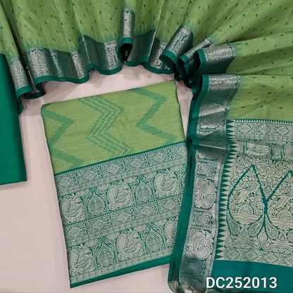 PREORDER 1 WEEK: Designer light Green premium silk cotton unstitched salwar material (lining needed)ikat woven on allover,  turquoise green silk cotton bottom, premium silk cotton full length dupatta with zari border and pallu. DC252013