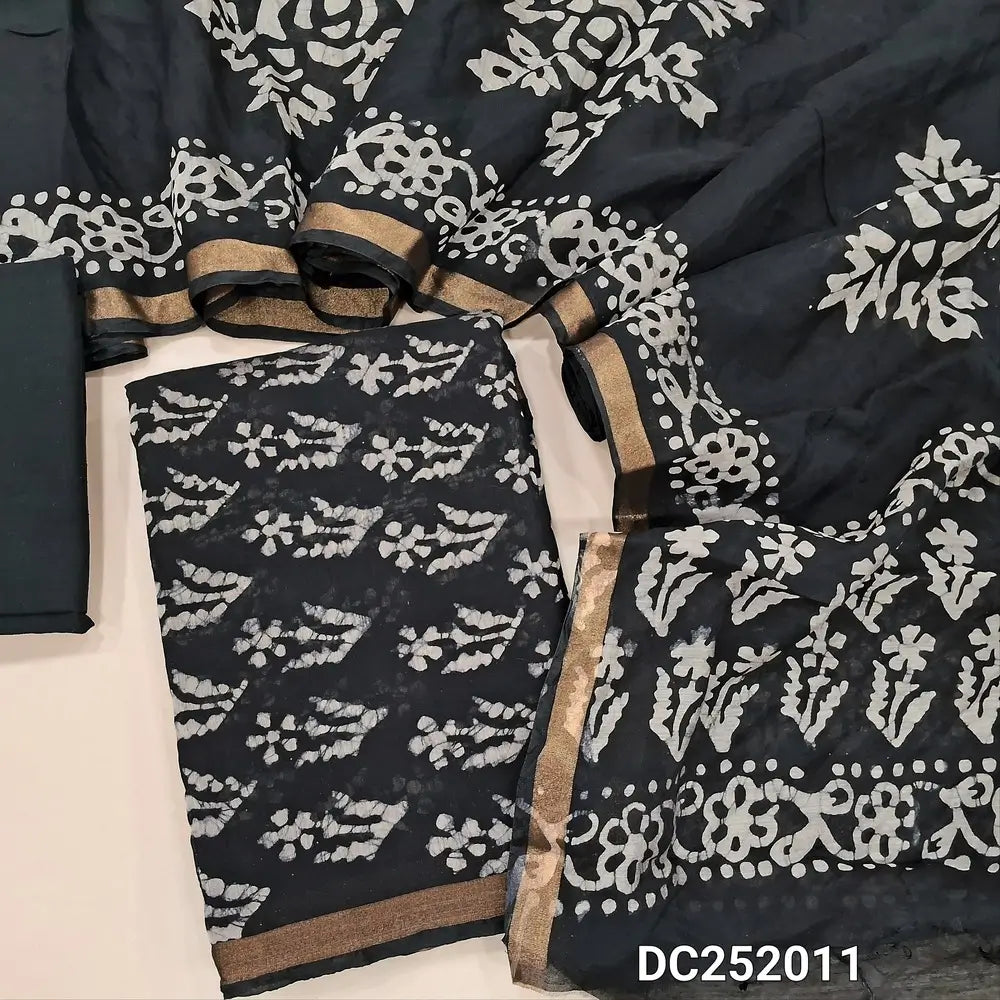 Black soft silk cotton unstitched salwar material (lining needed) batik dyed allover, tissue border on daman, matching wax batik cotton bottom, batik dyed full length silk cotton dupatta.(TAPING NEEDED). DC252011