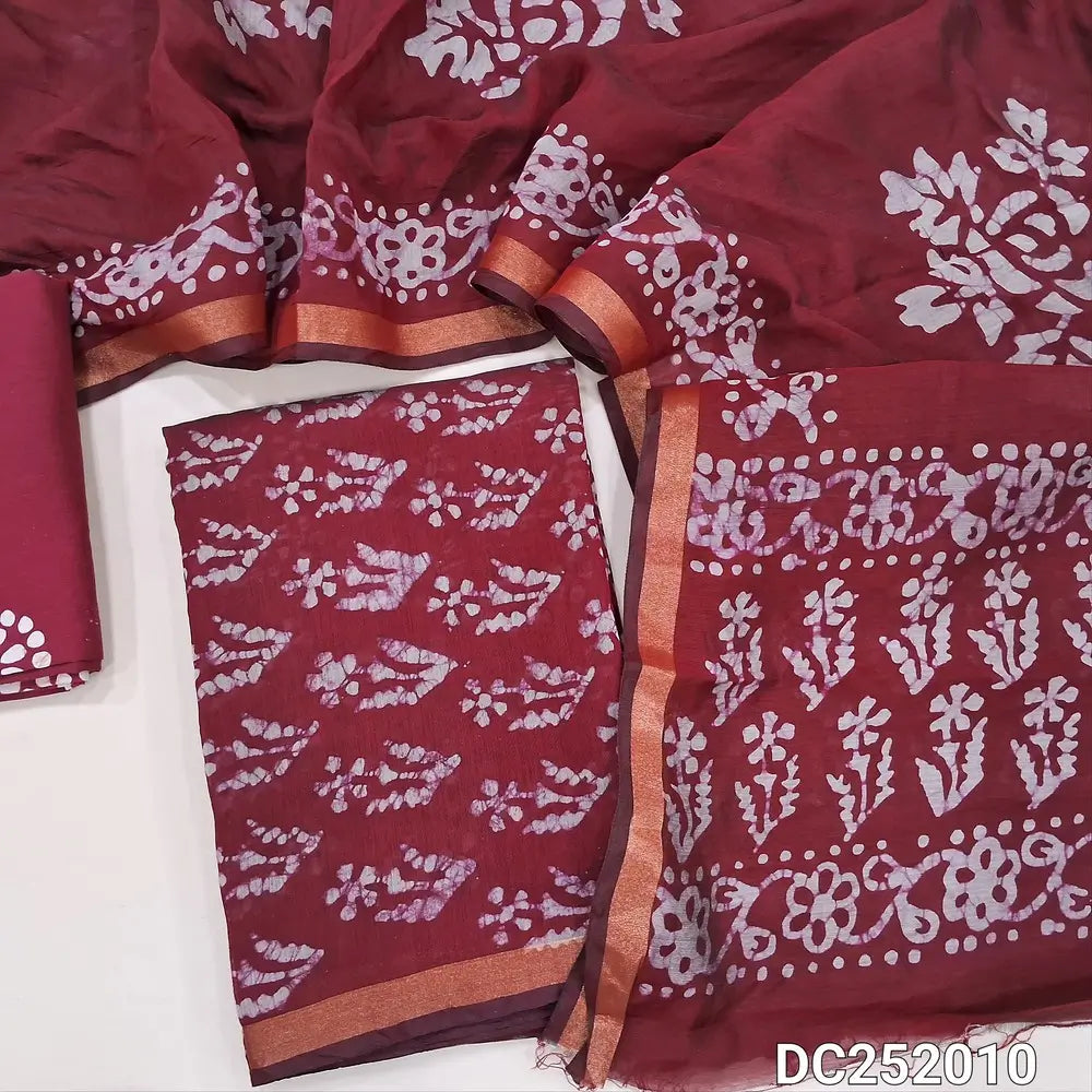 Dark Maroon soft silk cotton unstitched salwar material (lining needed) batik dyed allover, tissue border on daman, matching wax batik cotton bottom, batik dyed full length silk cotton dupatta.(TAPING NEEDED). DC252010