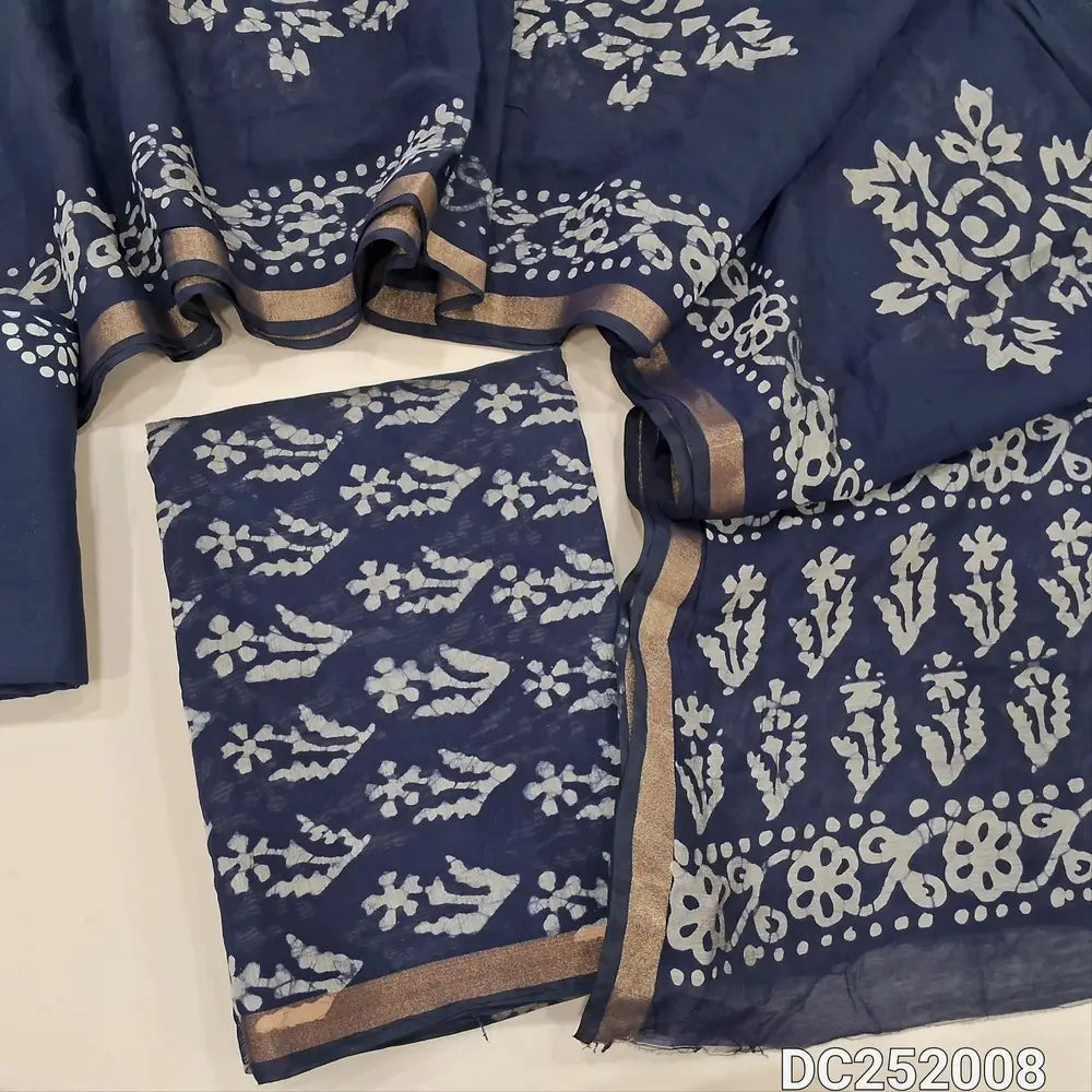 Blue soft silk cotton unstitched salwar material (lining needed) batik dyed allover, tissue border on daman, matching wax batik cotton bottom, batik dyed full length silk cotton dupatta.(TAPING NEEDED). DC252008