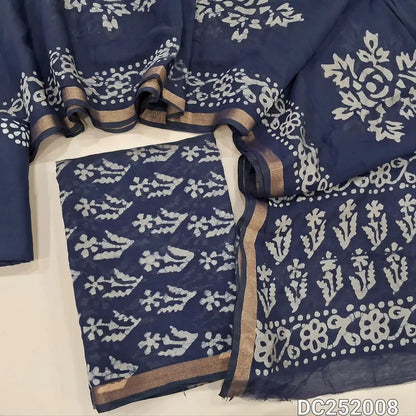 Blue soft silk cotton unstitched salwar material (lining needed) batik dyed allover, tissue border on daman, matching wax batik cotton bottom, batik dyed full length silk cotton dupatta.(TAPING NEEDED). DC252008