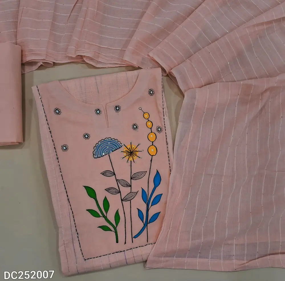 Peachish Pink dobby cotton unstitched salwar material, brush paint& embroidered on yoke, thread woven design on front(lining needed)matching drum dyed cotton fabric provided for lining, NO BOTTOM, pure mul cotton dupatta with sequins. DC252007