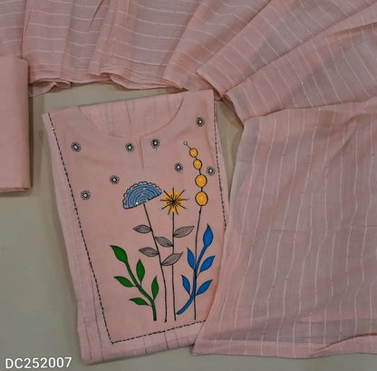Peachish Pink dobby cotton unstitched salwar material, brush paint& embroidered on yoke, thread woven design on front(lining needed)matching drum dyed cotton fabric provided for lining, NO BOTTOM, pure mul cotton dupatta with sequins. DC252007
