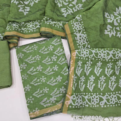 Mossy Green soft silk cotton unstitched salwar material (lining needed) batik dyed allover, tissue border on daman, matching wax batik cotton bottom, batik dyed full length silk cotton dupatta.(TAPING NEEDED). DC252009