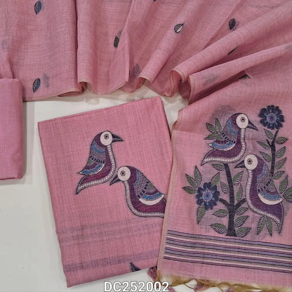 Designer pastel Pink premium muga silk cotton unstitched salwar material, (lining needed) jamdani woven on front, matching silk cotton bottom, jamdani woven soft muga silk cotton full length dupatta. DC252002