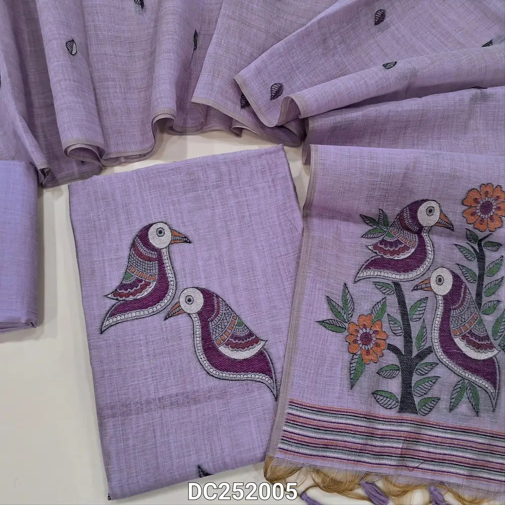 Designer Lavender premium  muga silk cotton unstitched salwar material, (lining needed) jamdani woven on front, matching silk cotton bottom, jamdani woven soft muga silk cotton full length dupatta. DC252005