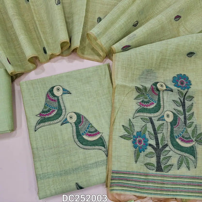 Designer pastel Green premium  muga silk cotton unstitched salwar material, (lining needed) jamdani woven on front, matching silk cotton bottom, jamdani woven soft muga silk cotton full length dupatta. DC252003