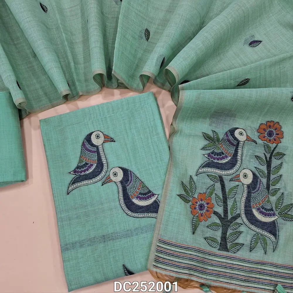 Designer pastel Blue premium muga silk cotton unstitched salwar material, (lining needed) jamdani woven on front, matching silk cotton bottom, jamdani woven soft muga silk cotton full length dupatta. DC252001