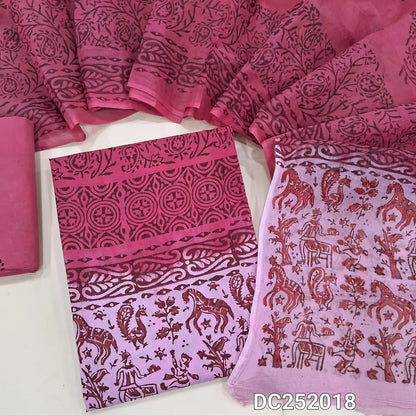 Dark Pink & light pink pure cotton unstitched salwar material (lining needed) hand block printed allover, printed cotton bottom, block printed dual shade dupatta. DC252018 (over lapping of prints not consider as a defect)