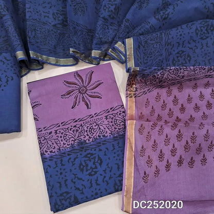 Blue & mauve shade pure cotton unstitched salwar material (lining needed) hand block printed allover, printed cotton bottom, block printed dual shade dupatta. DC252020 (over lapping of prints not consider as a defect)