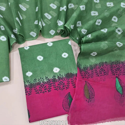 Green & Pink pure cotton unstitched salwar material (lining needed) hand block printed allover, printed cotton bottom, block printed dual shade dupatta. DC252019 (over lapping of prints not consider as a defect)