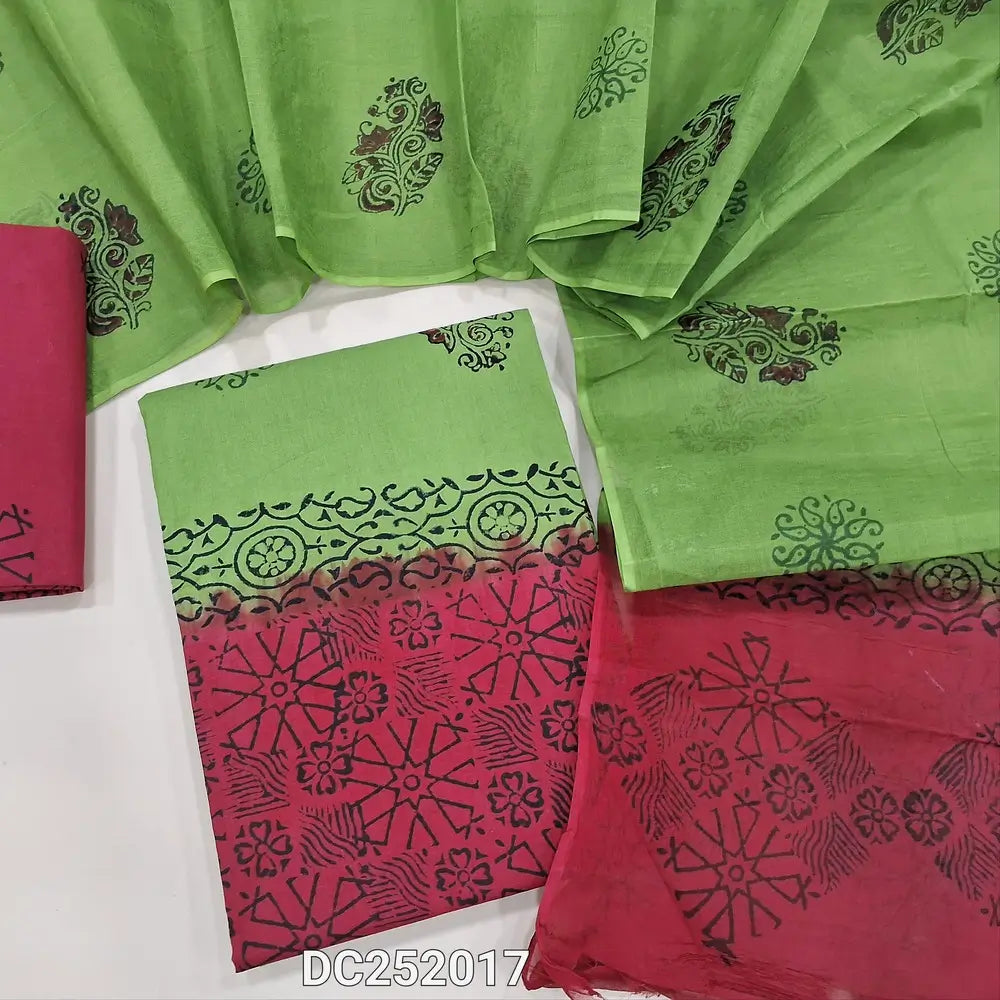 Maroon & Green pure cotton unstitched salwar material (lining needed) hand block printed allover, printed cotton bottom, block printed dual shade dupatta. DC252017 (over lapping of prints not consider as a defect)