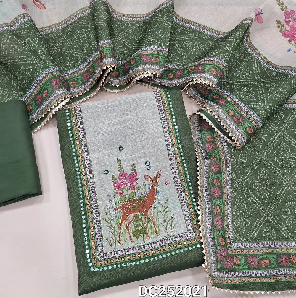 Leafy Green soft tissue silk cotton unstitched salwar material (lining needed) sequins, faux mirror, digital print on yoke, matching spun cotton bottom, digital printed soft tissue silk cotton dupatta. DC252021