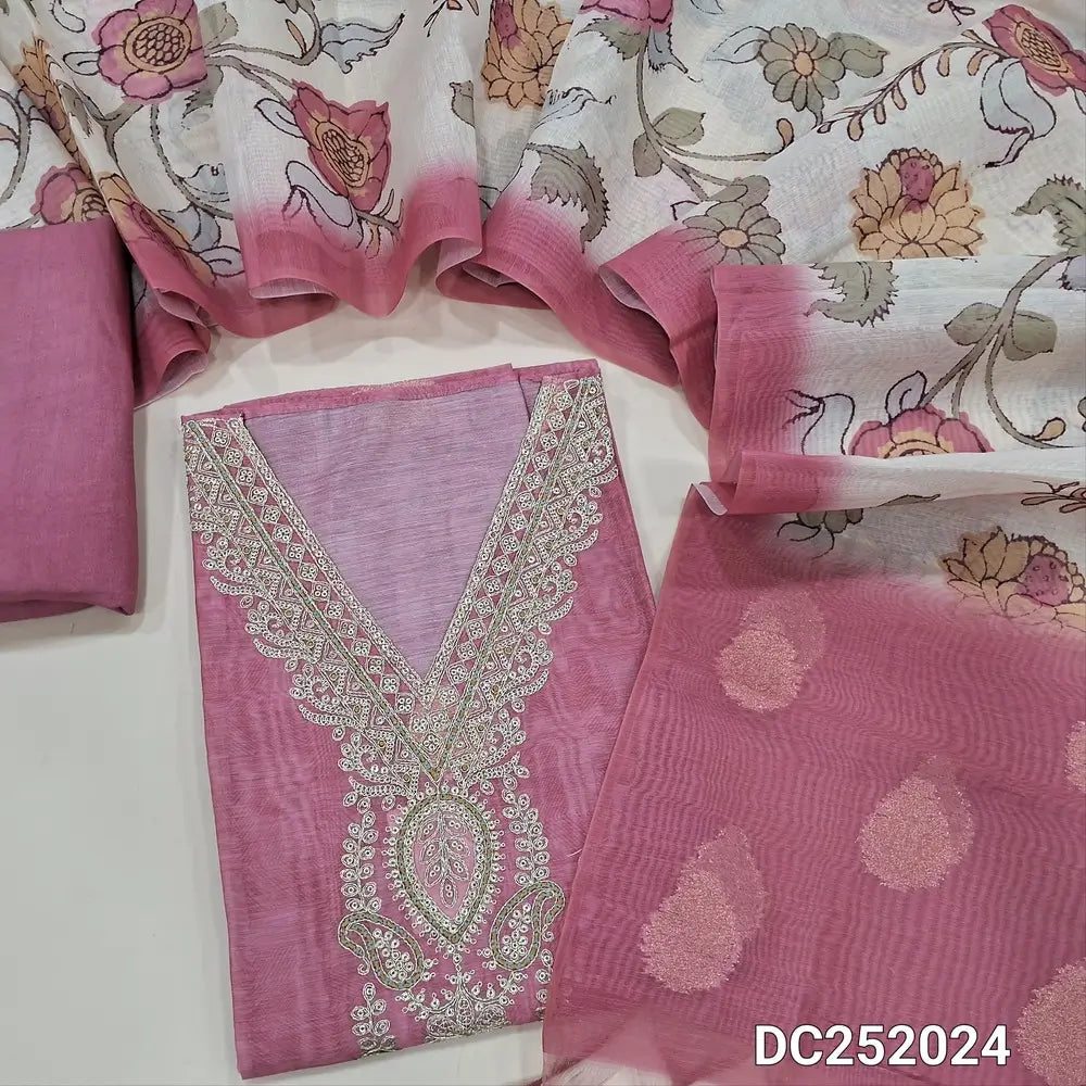 Pastel Pink Premium silk cotton unstitched salwar material (lining needed) zari. sequins work on v neck digital print on daman, matching senton bottom, Banaras weaving digital floral printed silk cotton dupatta. DC252024