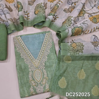 Pastel Green Premium silk cotton unstitched salwar material (lining needed) zari. sequins work on v neck digital print on daman, matching santoon bottom, Benaras weaving digital floral printed silk cotton dupatta. DC252025
