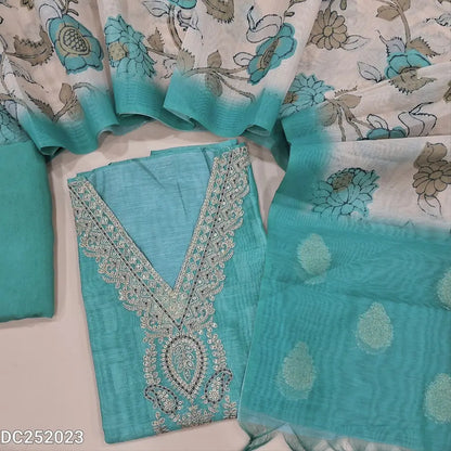 Pastel Blue Premium silk cotton unstitched salwar material (lining needed) zari. sequins work on v neck digital print on daman, matching santoon bottom, Benaras weaving digital floral printed silk cotton dupatta. DC252023