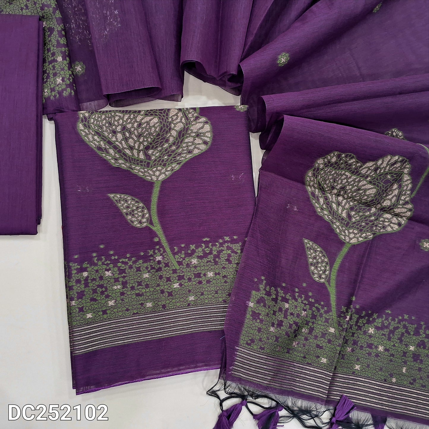 Dark purple jamdani woven premium silk cotton unstitched salwar material (lining needed) heavy jamdani woven on daman, matching silk cotton bottom, heavy jamdani woven premium silk cotton dupatta. DC252102