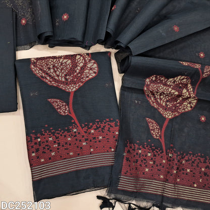 Black jamdani woven premium silk cotton unstitched salwar material (lining needed) heavy jamdani woven on daman, matching silk cotton bottom, heavy jamdani woven premium silk cotton dupatta. DC252103