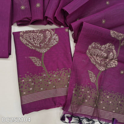 Rani Pink jamdani woven premium silk cotton unstitched salwar material (lining needed) heavy jamdani woven on daman, matching silk cotton bottom, heavy jamdani woven premium silk cotton dupatta. DC252104