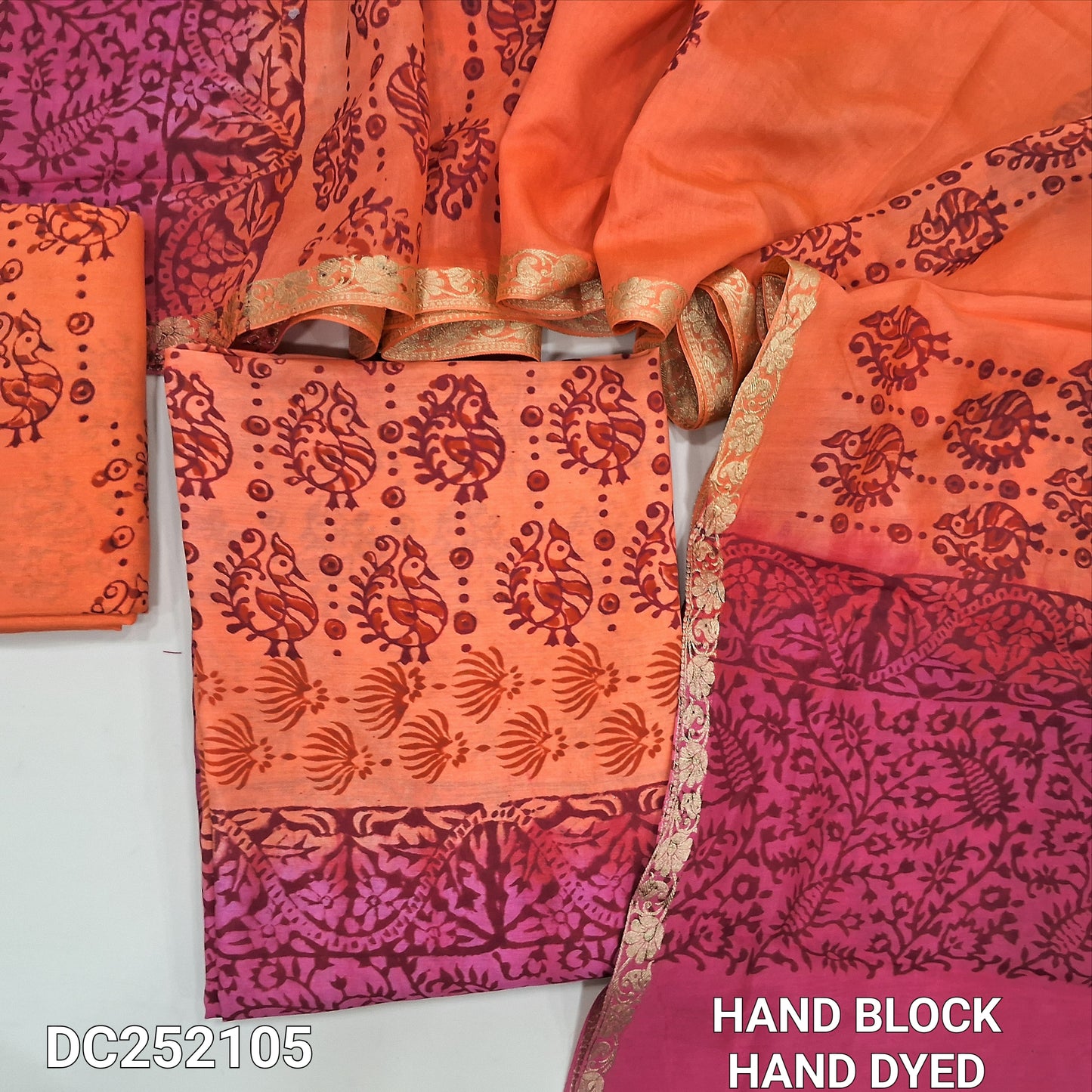 Dark Peach & Pink uppada silk unstitched salwar material (lining needed) hand block printed allover, printed santoon bottom, hand block printed dual shade uppada silk dupatta (TAPING NEEDED). DC252105(there will be inconsistency of color and block prints)