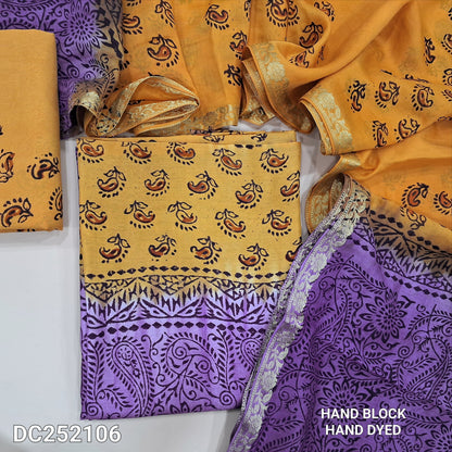 PREORDER SHIPPING IN 1 WEEK Yellow&Purple uppada silk unstitched salwar material (lining needed)santoon bottom, hand block printed uppada silk dupatta (TAPING NEEDED). DC252106 ( inconsistency of color & block prints not defect)