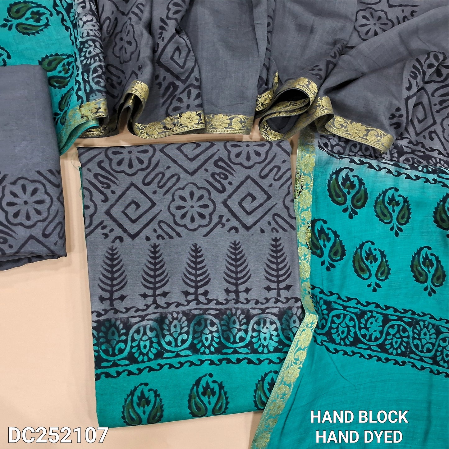 PREORDER SHIPPING IN 1 WEEKGrey & Blue uppada silk unstitched salwar material (lining needed) hand block printed allover,santoon bottom, hand block printed uppada silk dupatta (TAPING NEEDED). DC252107 ( inconsistency of color & block prints not defect)