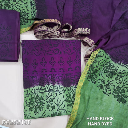 PREORDER SHIPPING IN 1 WEEK Purple&Green uppada silk unstitched salwar material (lining needed) hand block printed allover,santoon bottom, hand block printed uppada silk dupatta (TAPING NEEDED). DC252108 ( inconsistency of color & block prints not defect)