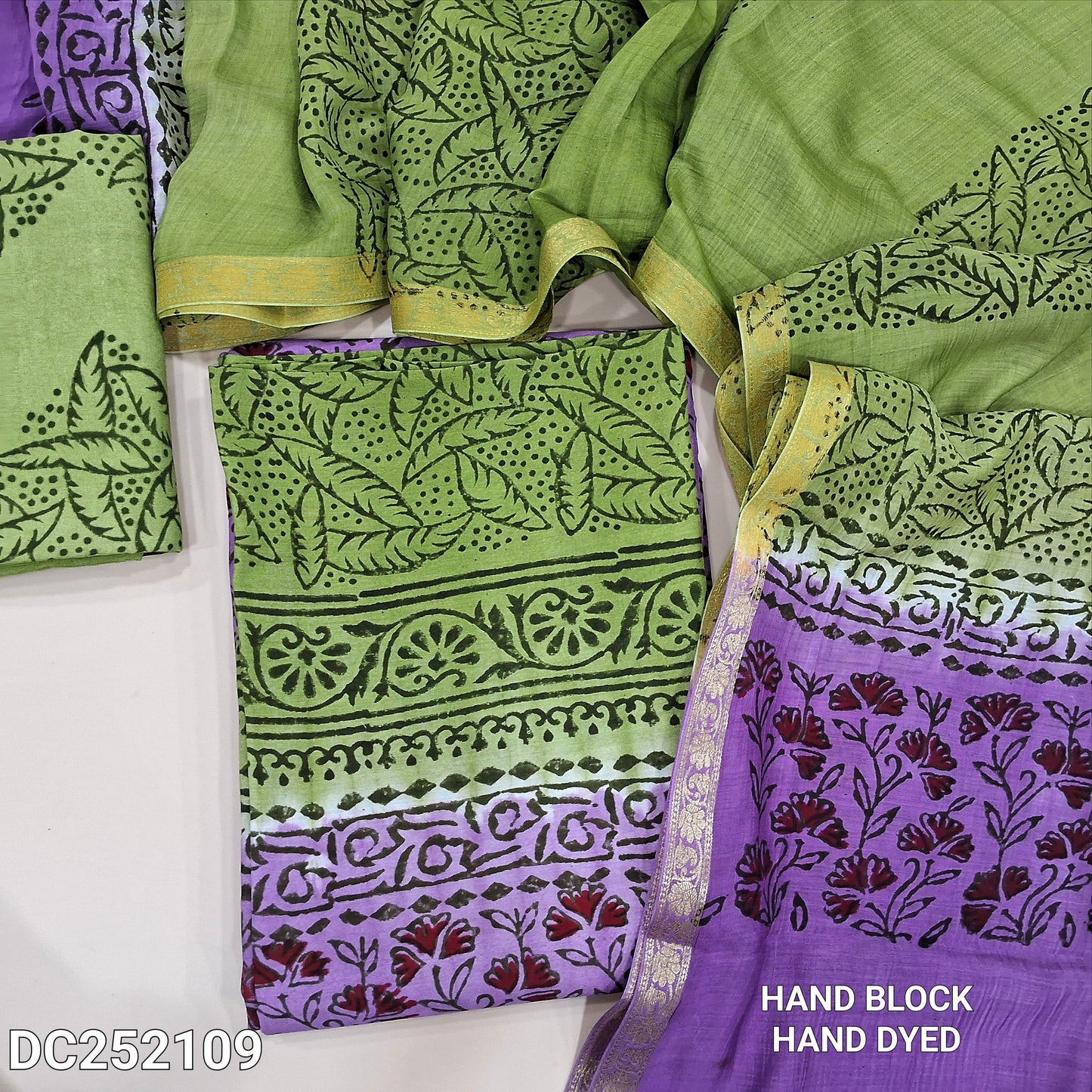 PREORDER SHIPPING IN 1 WEEK Green&Pink uppada silk unstitched salwar material (lining needed) hand block printed allover,santoon bottom, hand block printed uppada silk dupatta (TAPING NEEDED). DC252109 ( inconsistency of color & block prints not defect)