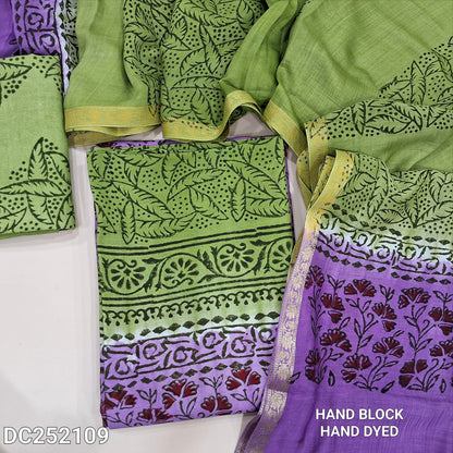 PREORDER SHIPPING IN 1 WEEK Green&Pink uppada silk unstitched salwar material (lining needed) hand block printed allover,santoon bottom, hand block printed uppada silk dupatta (TAPING NEEDED). DC252109 ( inconsistency of color & block prints not defect)