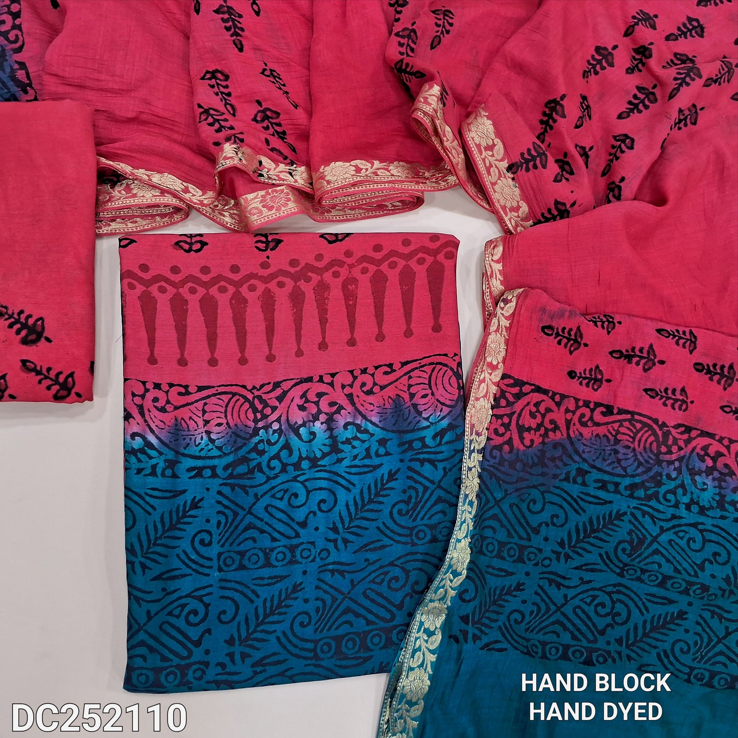 PREORDER SHIPPING IN 1 WEEK Peach&Blue uppada silk unstitched salwar material (lining needed) hand block printed allover,santoon bottom, hand block printed uppada silk dupatta (TAPING NEEDED). DC252110 ( inconsistency of color & block prints not defect)