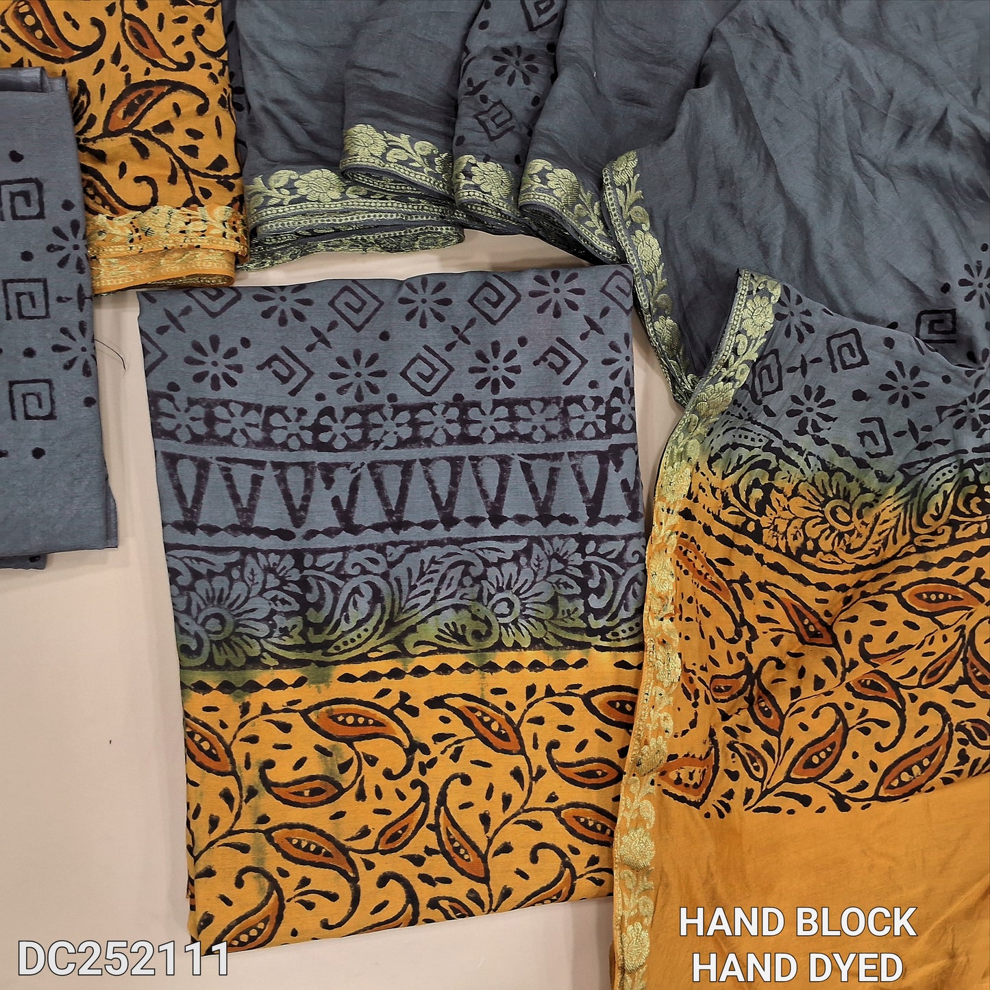 Grey & Yellow uppada silk unstitched salwar material (lining needed) hand block printed allover, blocked santoon bottom, hand block printed dual shade uppada silk dupatta (TAPING NEEDED). DC252111(there will be inconsistency of color and block prints)
