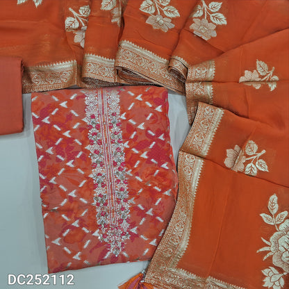 Designer Orange zari woven pure organza silk unstitched salwar material (lining needed) bead, thread work on yoke, matching santoon bottom, benarasi woven shorth width pure organza silk dupatta. DC252112