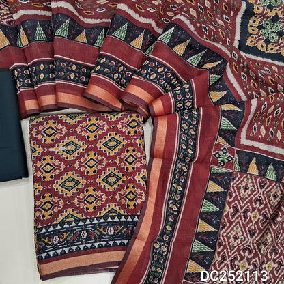 Patola Printed Reddish maroon premium silk cotton unstitched salwar material (lining needed) tissue border on daman, maroon spun cotton bottom, patola printed premium silk cotton full length dupatta. DC252113