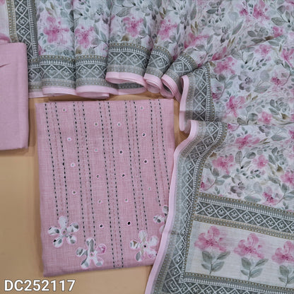 Pastel Pink semi linen unstitched salwar material (lining optional) kantha stitch, applique work on yoke, matching santoon bottom, digital floral printed semi linen dupatta. DC252117
