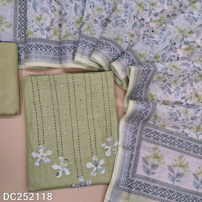 Pastel Green semi linen unstitched salwar material (lining optional) kantha stitch, applique work on yoke, matching santoon bottom, digital floral printed semi linen dupatta. DC252118