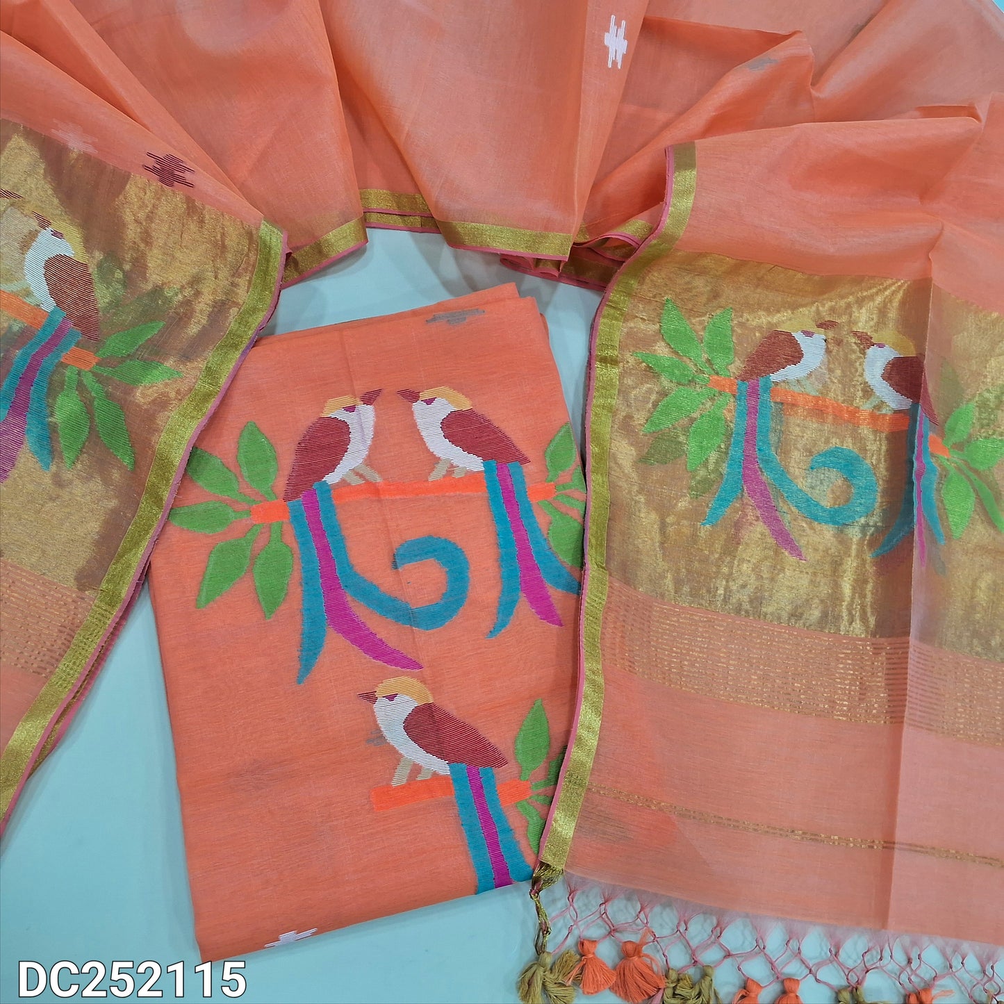 Dark Peach muslin jamdani unstitched salwar material, thread weaving on yoke& front(thin, lining needed)NO BOTTOM, muslin jamdani full length dupatta with gold tissue pallu& paithani weaving. DC252115
