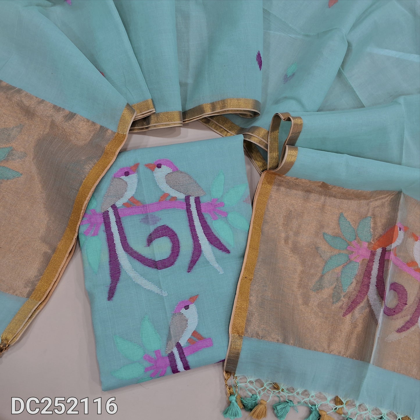 Pastel Blue muslin jamdani unstitched salwar material, thread weaving on yoke& front(thin, lining needed)NO BOTTOM, muslin jamdani full length dupatta with gold tissue pallu& paithani weaving. DC252116