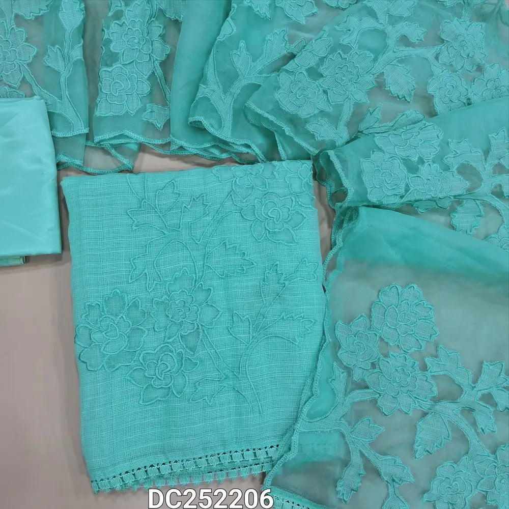 Premium pastel Blue kota silk cotton unstitched salwar material (lining needed) applique work on daman,  matching silky bottom, applique work on organza dupatta with scalped edges. DC252206