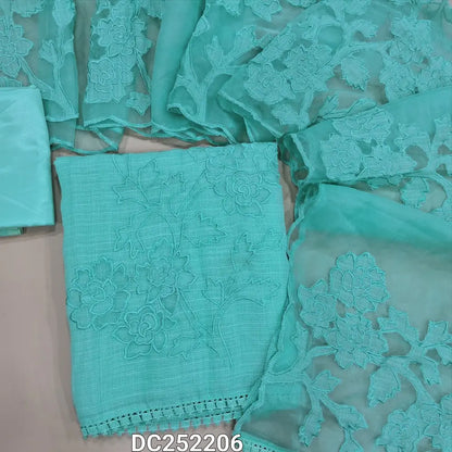 Premium pastel Blue kota silk cotton unstitched salwar material (lining needed) applique work on daman,  matching silky bottom, applique work on organza dupatta with scalped edges. DC252206