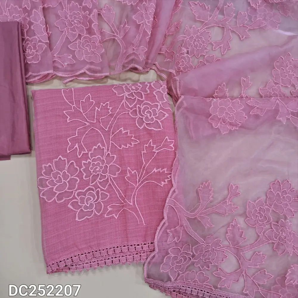 Premium pastel Pink kota silk cotton unstitched salwar material (lining needed) applique work on daman,  matching silky bottom, applique work on organza dupatta with scalped edges. DC252209