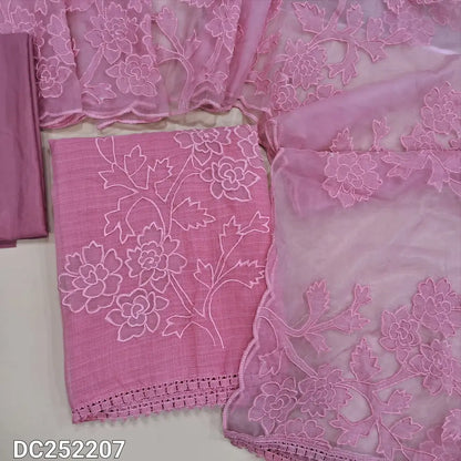 Premium pastel Pink kota silk cotton unstitched salwar material (lining needed) applique work on daman,  matching silky bottom, applique work on organza dupatta with scalped edges. DC252209