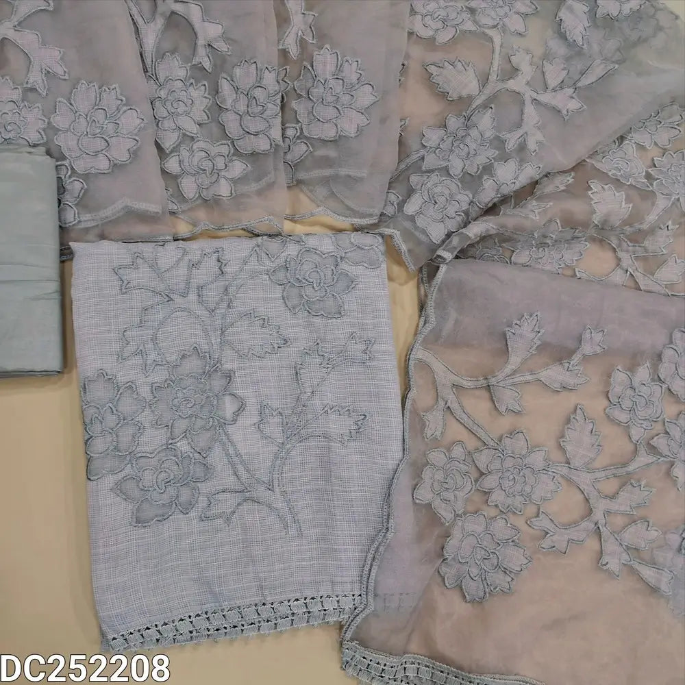 Premium light Grey kota silk cotton unstitched salwar material (lining needed) applique work on daman,  matching silky bottom, applique work on organza dupatta with scalped edges. DC252208