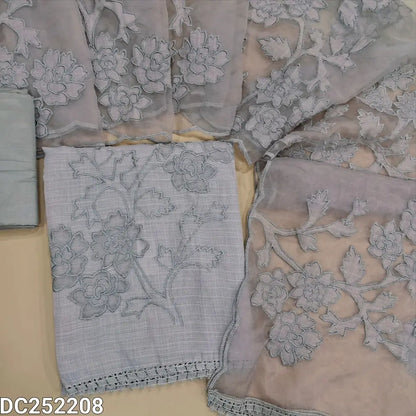 Premium light Grey kota silk cotton unstitched salwar material (lining needed) applique work on daman,  matching silky bottom, applique work on organza dupatta with scalped edges. DC252208