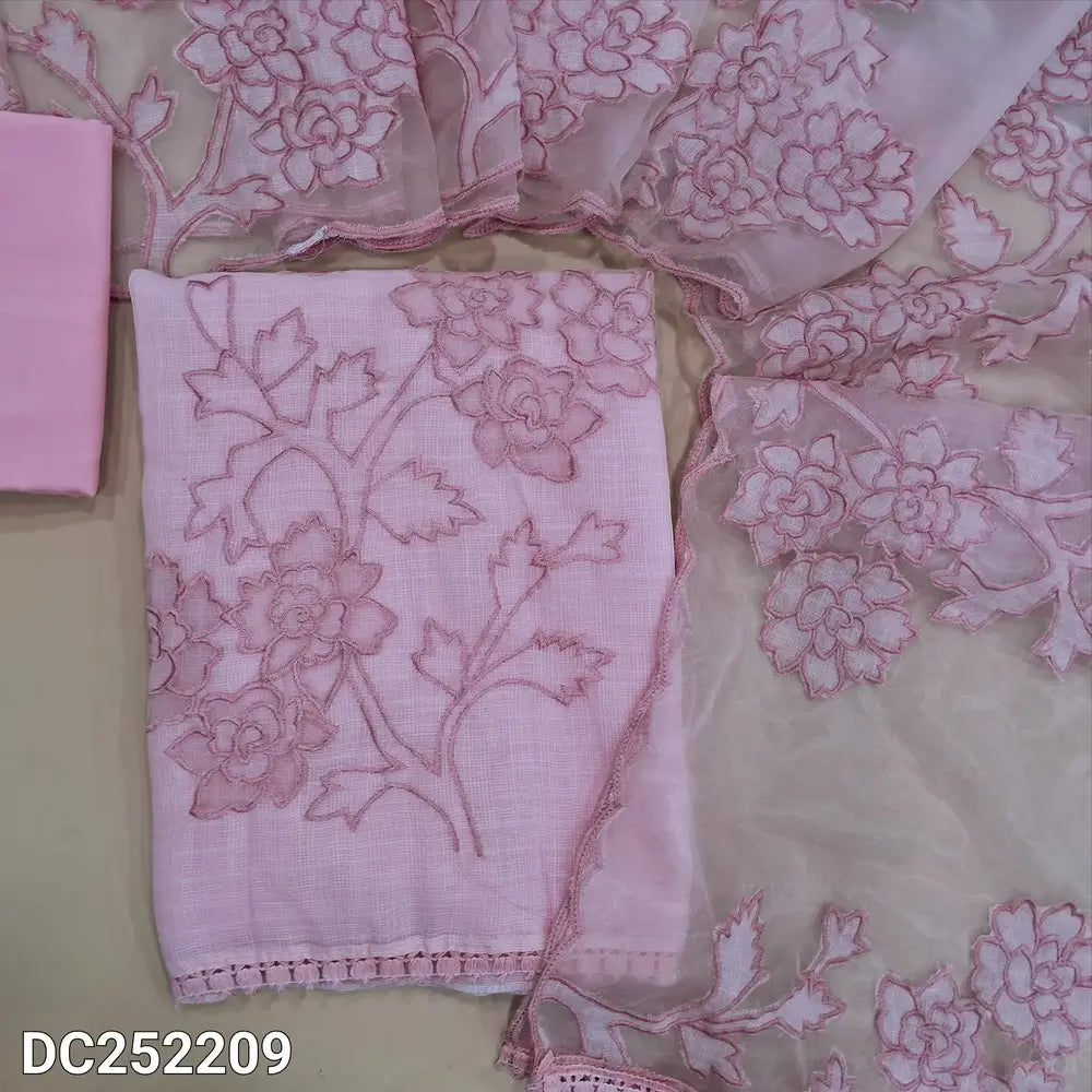 Premium baby Pink kota silk cotton unstitched salwar material (lining needed) applique work on daman,  matching silky bottom, applique work on organza dupatta with scalped edges. DC252207